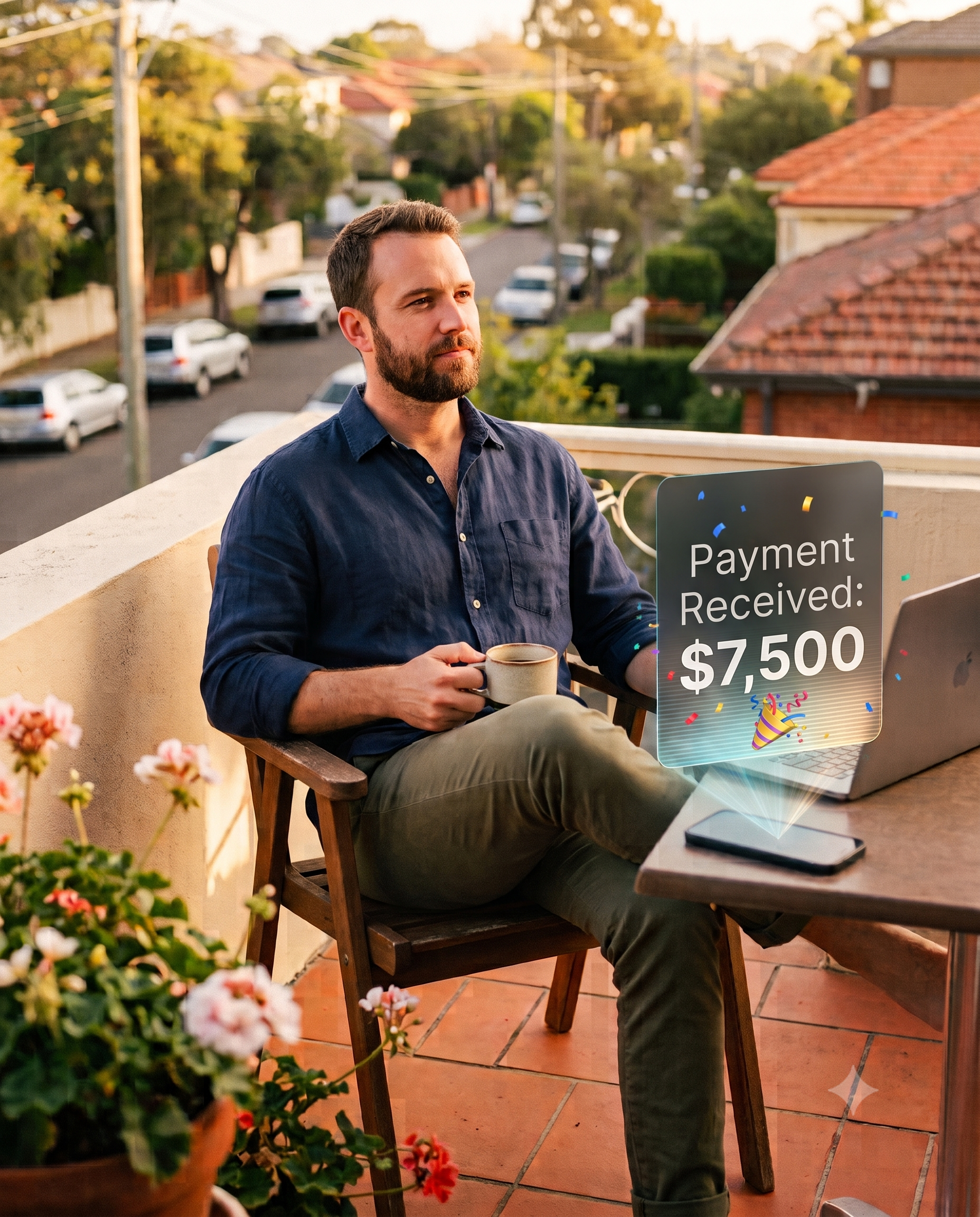 Life after the leap: relaxing on a balcony after receiving a $7,500 payment