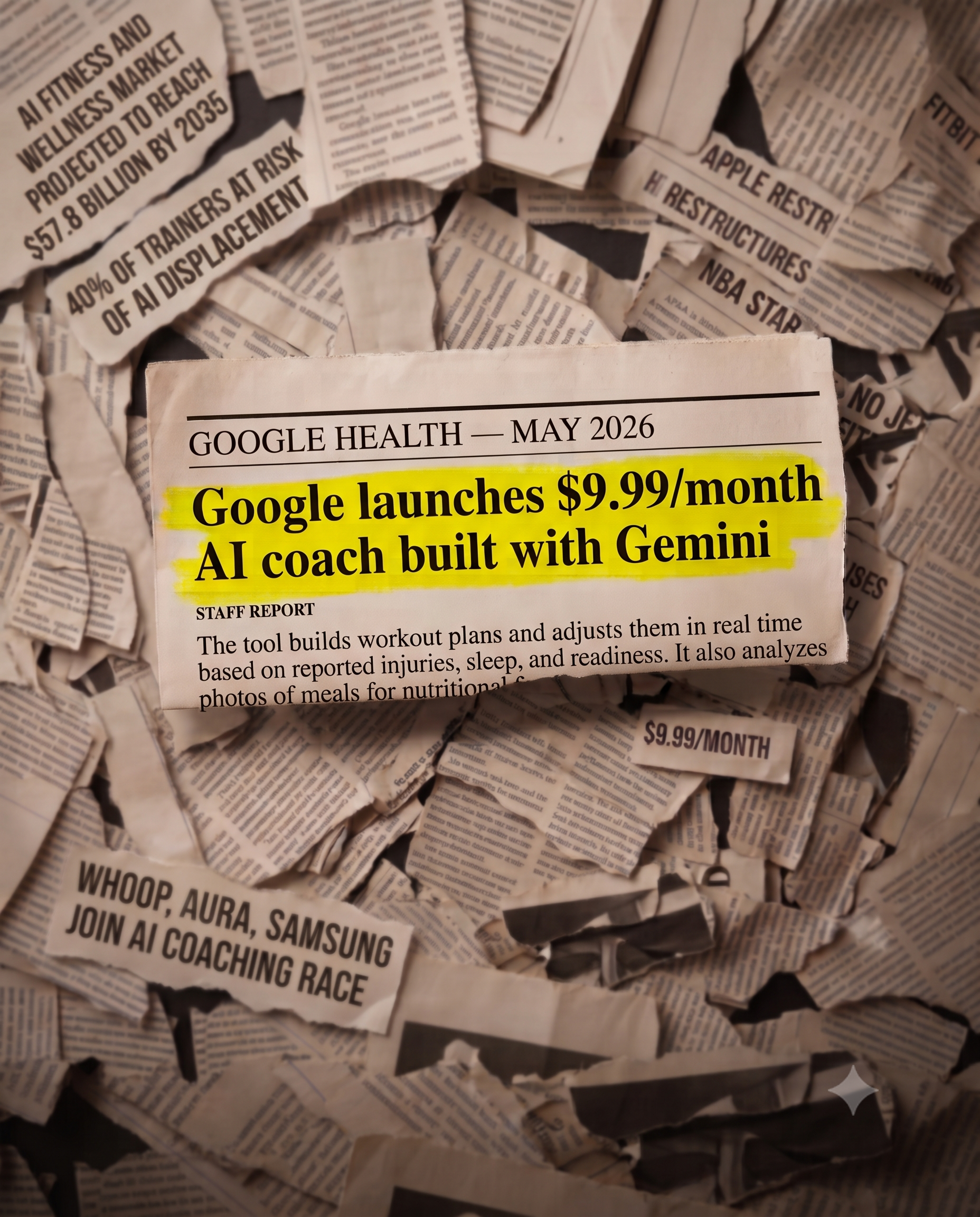 Newspaper collage: Google launches $9.99/month AI coach built with Gemini, 40% of trainers at risk of AI displacement, AI fitness market projected to reach $57.8 billion by 2035